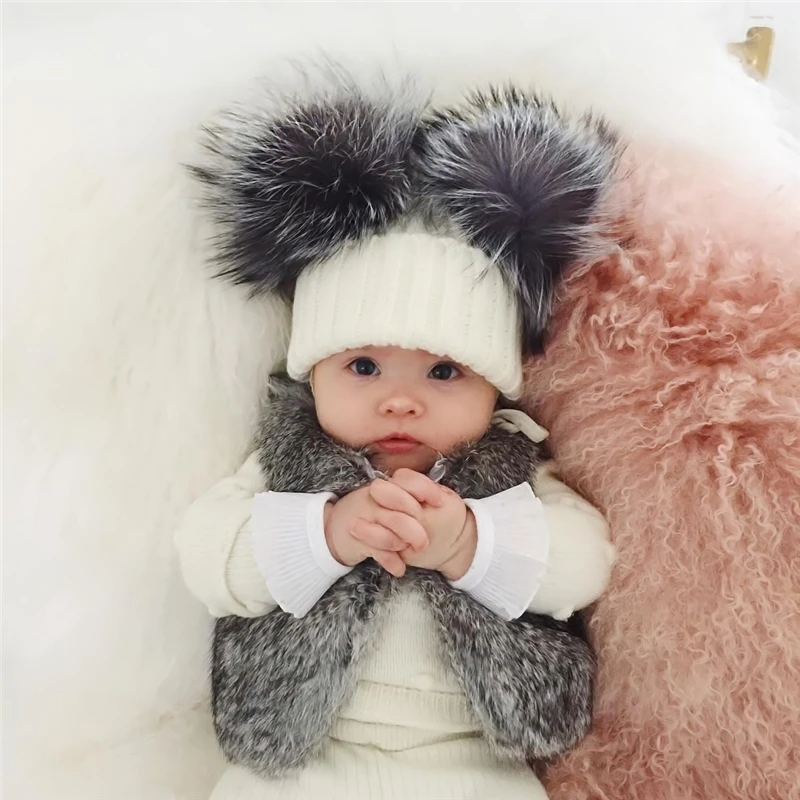 Winter Baby Knit Hat With Two Fur Pompoms Boy Girls Natural Fur Ball Beanie Kids Caps Double Real Fur Pom Pom Hat for Children