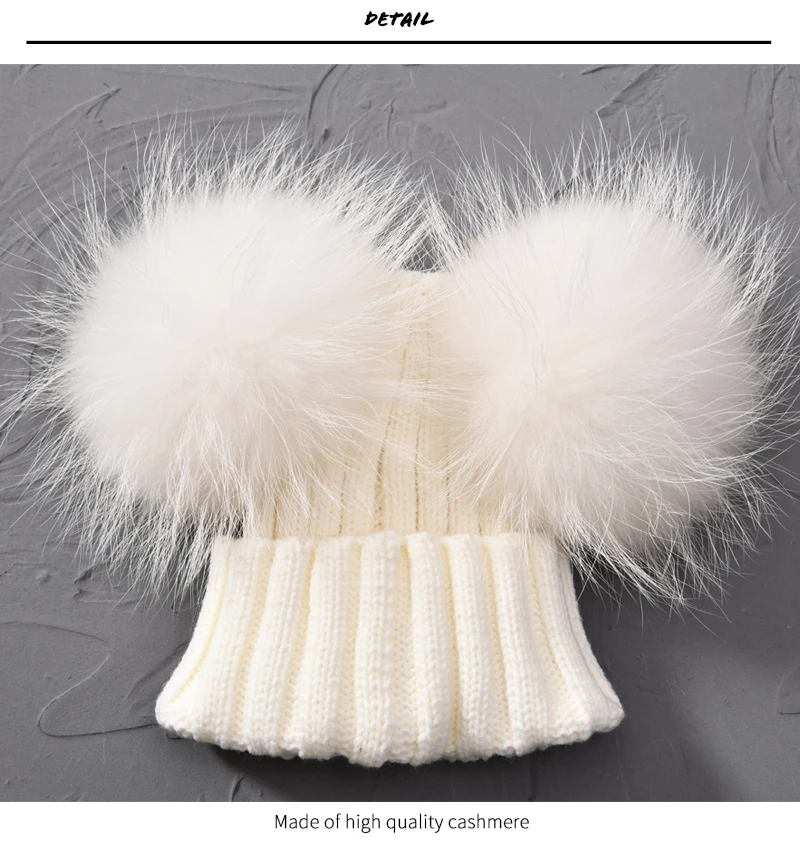 Winter Baby Knit Hat With Two Fur Pompoms Boy Girls Natural Fur Ball Beanie Kids Caps Double Real Fur Pom Pom Hat for Children