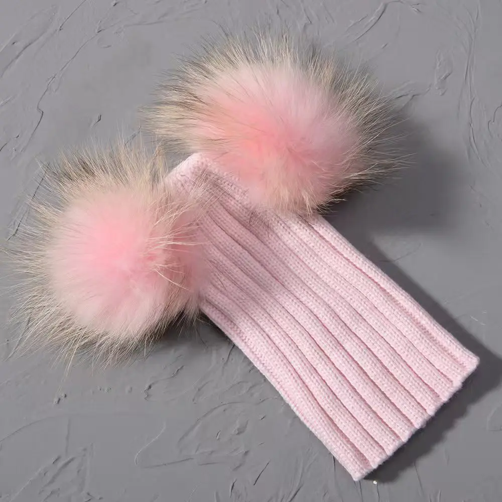 Winter Baby Knit Hat With Two Fur Pompoms Boy Girls Natural Fur Ball Beanie Kids Caps Double Real Fur Pom Pom Hat for Children