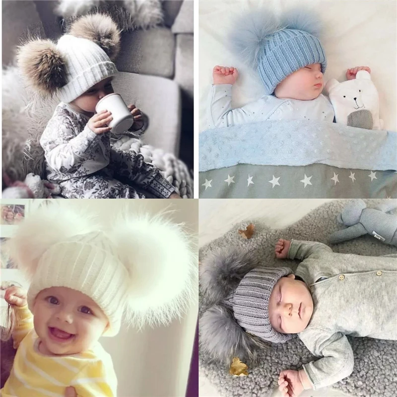 Winter Baby Knit Hat With Two Fur Pompoms Boy Girls Natural Fur Ball Beanie Kids Caps Double Real Fur Pom Pom Hat for Children
