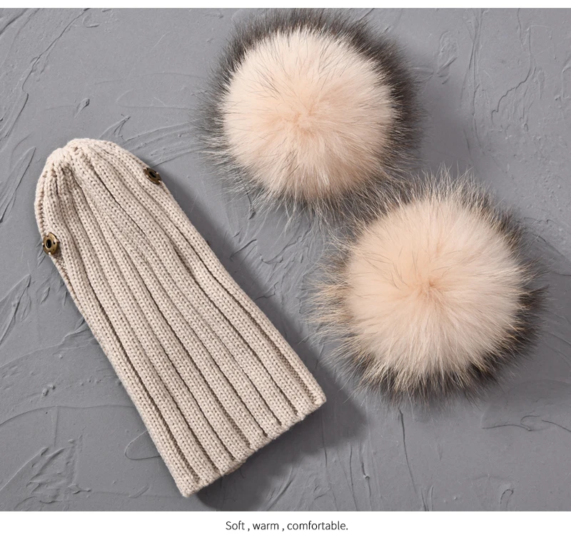 Winter Baby Knit Hat With Two Fur Pompoms Boy Girls Natural Fur Ball Beanie Kids Caps Double Real Fur Pom Pom Hat for Children