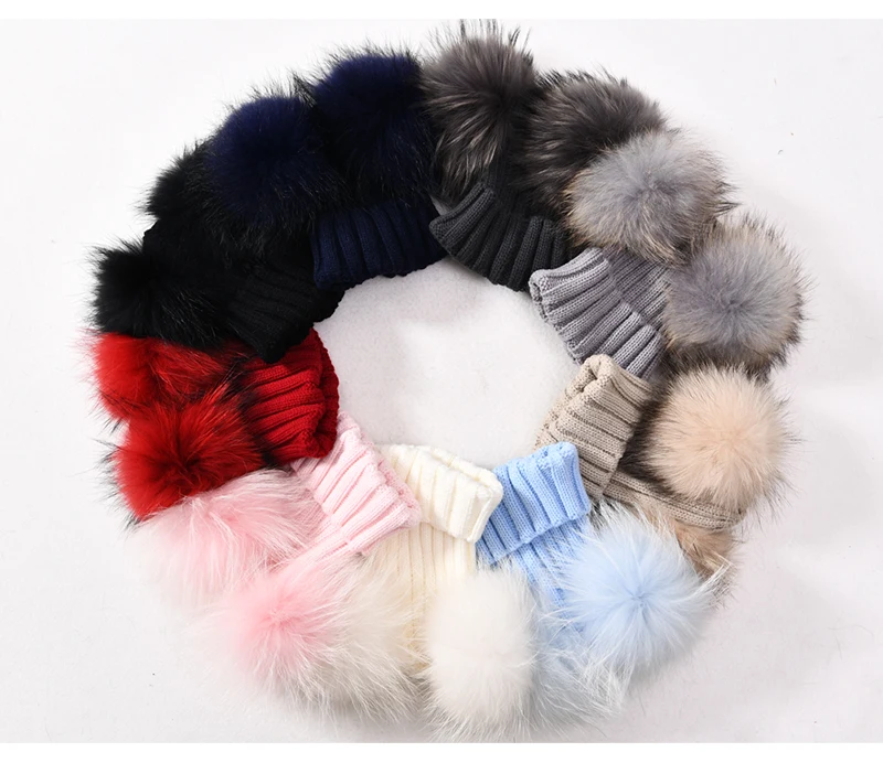 Winter Baby Knit Hat With Two Fur Pompoms Boy Girls Natural Fur Ball Beanie Kids Caps Double Real Fur Pom Pom Hat for Children
