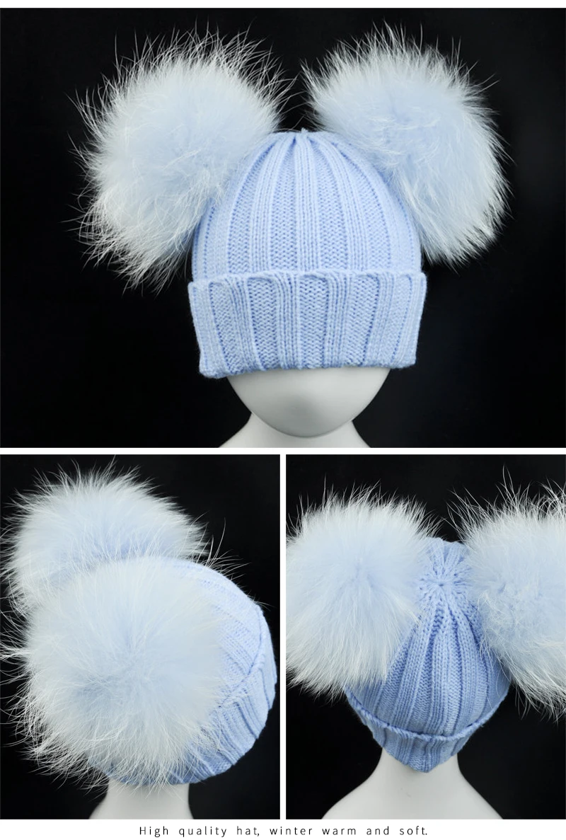 Winter Baby Knit Hat With Two Fur Pompoms Boy Girls Natural Fur Ball Beanie Kids Caps Double Real Fur Pom Pom Hat for Children