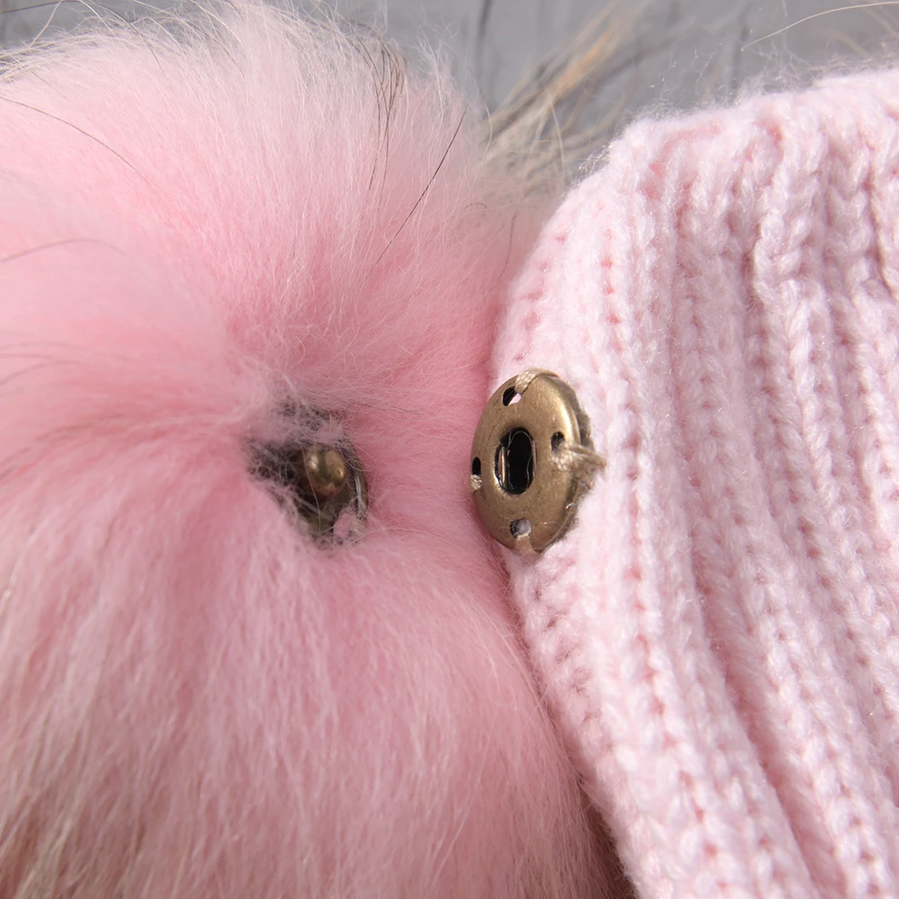 Winter Baby Knit Hat With Two Fur Pompoms Boy Girls Natural Fur Ball Beanie Kids Caps Double Real Fur Pom Pom Hat for Children