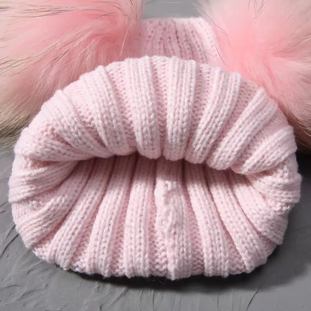 Winter Baby Knit Hat With Two Fur Pompoms Boy Girls Natural Fur Ball Beanie Kids Caps Double Real Fur Pom Pom Hat for Children