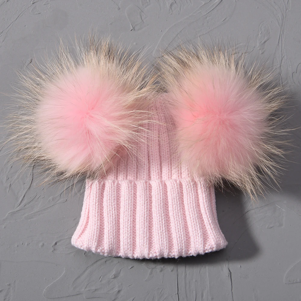 Winter Baby Knit Hat With Two Fur Pompoms Boy Girls Natural Fur Ball Beanie Kids Caps Double Real Fur Pom Pom Hat for Children