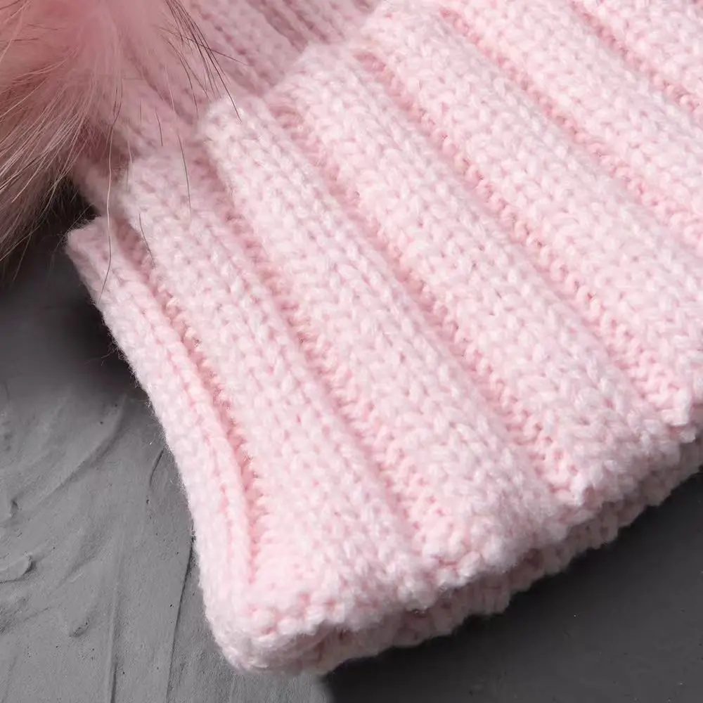 Winter Baby Knit Hat With Two Fur Pompoms Boy Girls Natural Fur Ball Beanie Kids Caps Double Real Fur Pom Pom Hat for Children