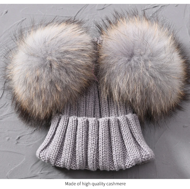 Winter Baby Knit Hat With Two Fur Pompoms Boy Girls Natural Fur Ball Beanie Kids Caps Double Real Fur Pom Pom Hat for Children