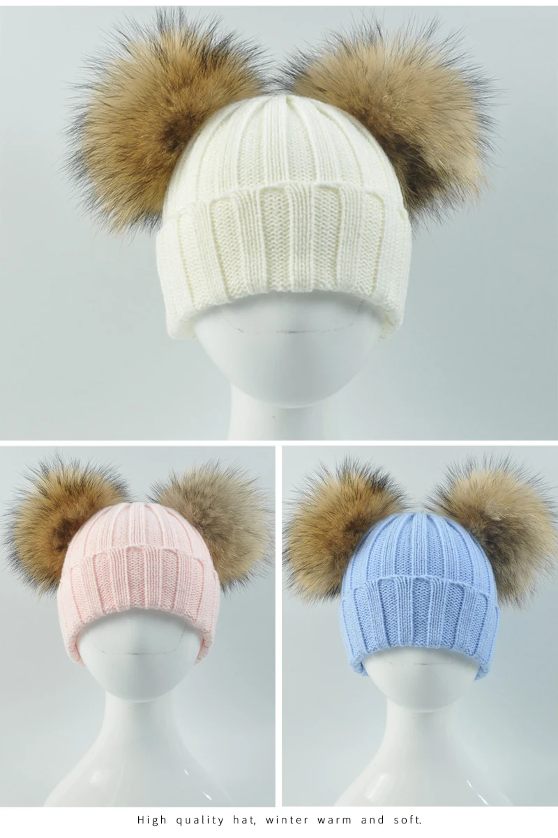 Winter Baby Knit Hat With Two Fur Pompoms Boy Girls Natural Fur Ball Beanie Kids Caps Double Real Fur Pom Pom Hat for Children