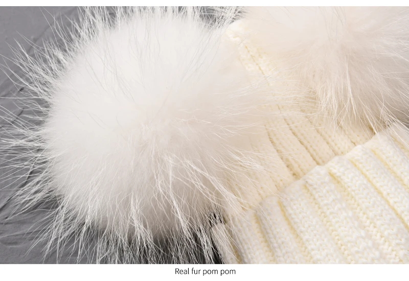 Winter Baby Knit Hat With Two Fur Pompoms Boy Girls Natural Fur Ball Beanie Kids Caps Double Real Fur Pom Pom Hat for Children
