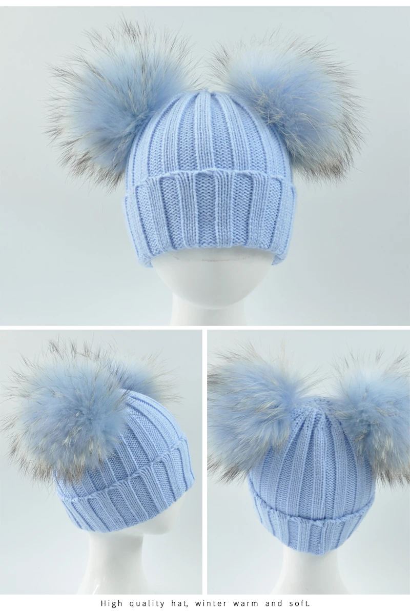Winter Baby Knit Hat With Two Fur Pompoms Boy Girls Natural Fur Ball Beanie Kids Caps Double Real Fur Pom Pom Hat for Children