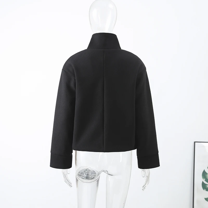 Chic High Neck Wool Coat Women Oversized Loose Short Jacket Asymmetric Button Design Warm Thick Streetwear Lady Daily Outer Coat