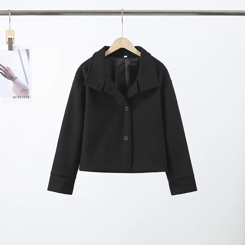 Chic High Neck Wool Coat Women Oversized Loose Short Jacket Asymmetric Button Design Warm Thick Streetwear Lady Daily Outer Coat
