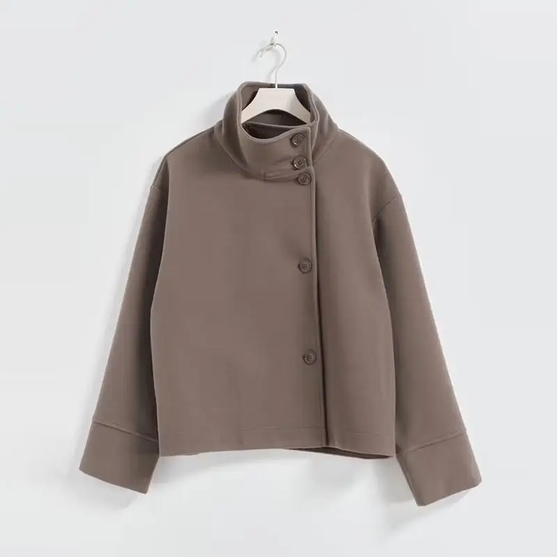 Chic High Neck Wool Coat Women Oversized Loose Short Jacket Asymmetric Button Design Warm Thick Streetwear Lady Daily Outer Coat