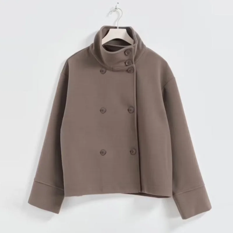 Chic High Neck Wool Coat Women Oversized Loose Short Jacket Asymmetric Button Design Warm Thick Streetwear Lady Daily Outer Coat