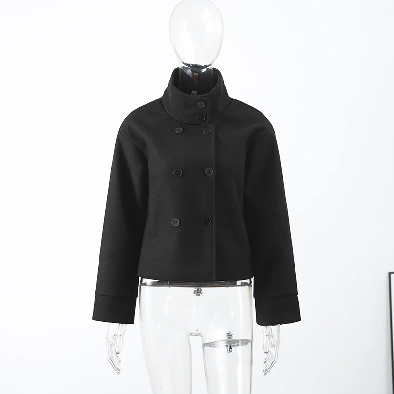 Chic High Neck Wool Coat Women Oversized Loose Short Jacket Asymmetric Button Design Warm Thick Streetwear Lady Daily Outer Coat