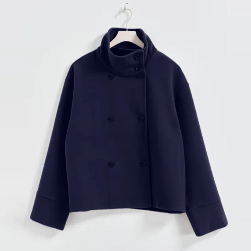 Chic High Neck Wool Coat Women Oversized Loose Short Jacket Asymmetric Button Design Warm Thick Streetwear Lady Daily Outer Coat