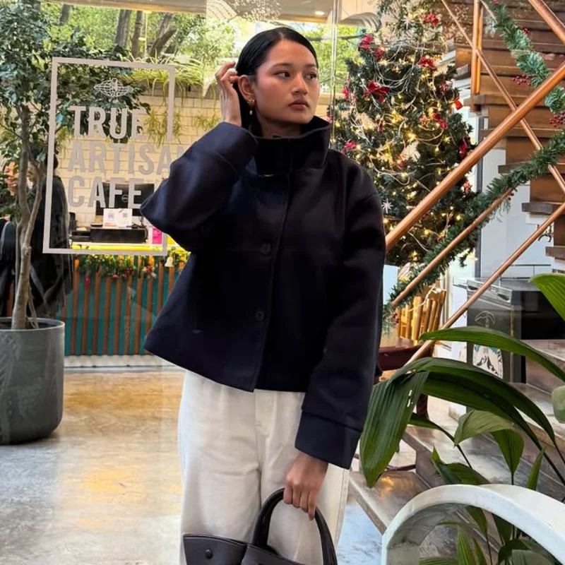 Chic High Neck Wool Coat Women Oversized Loose Short Jacket Asymmetric Button Design Warm Thick Streetwear Lady Daily Outer Coat