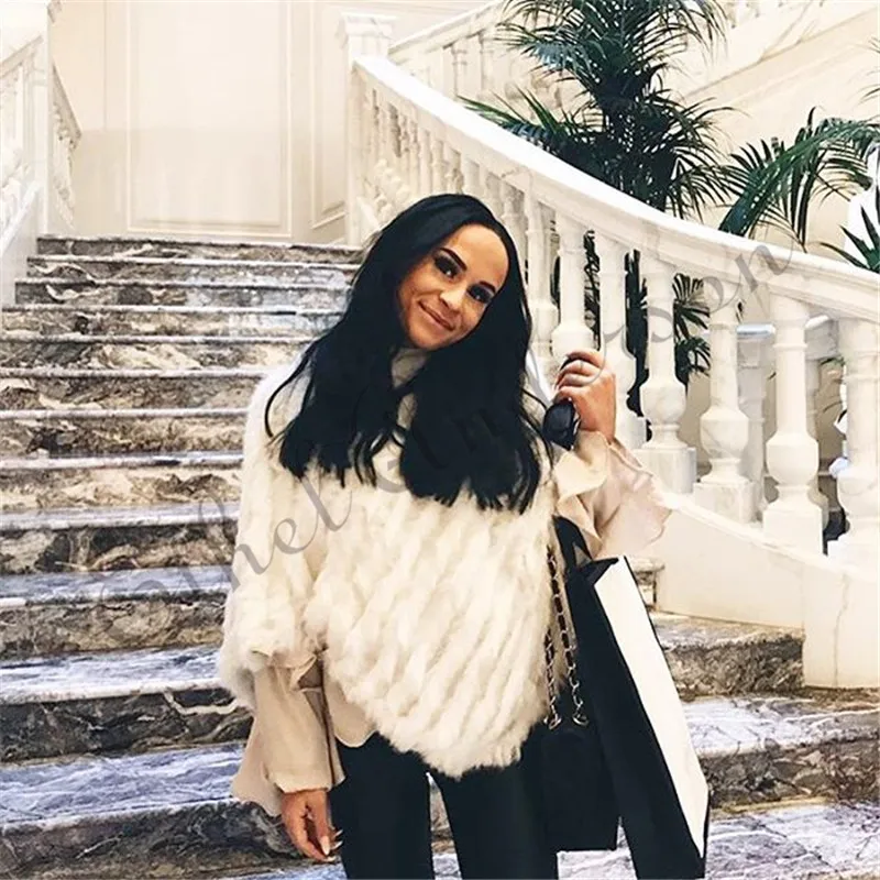Women's Real Rabbit Fur Poncho Vest Natural Leather Winter Jacket Wrap Coat Shawl  Wedding Party Knitted Fur Vest Wholesale