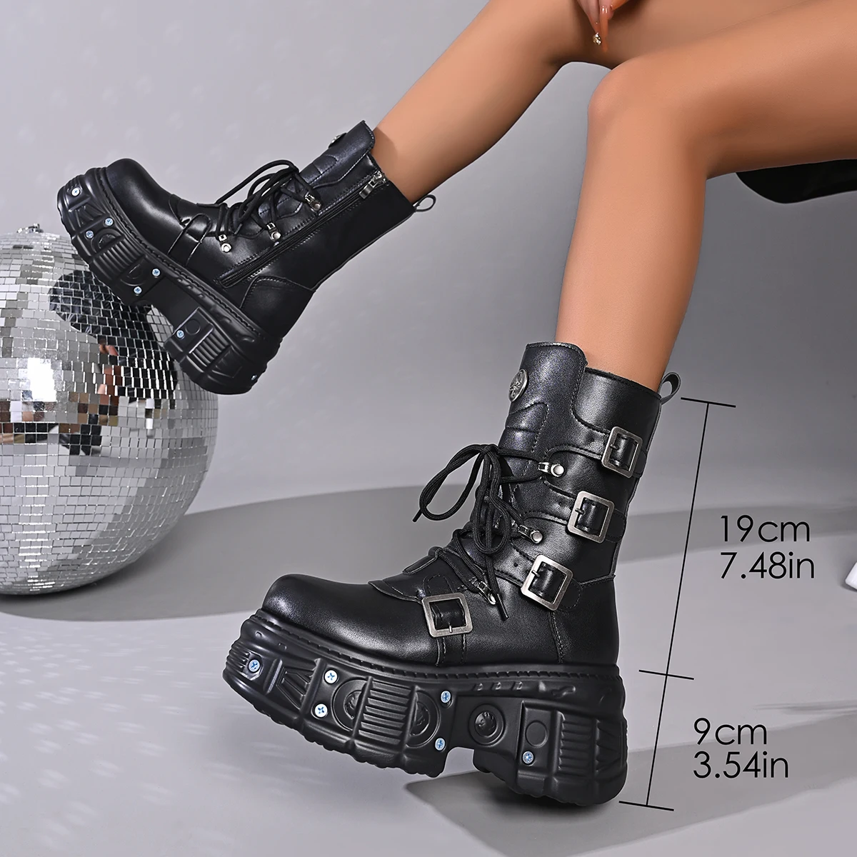 Heavy metal platform Booties dark punk heightened lace-up high boots Female zip rock biker Thick Bottom Shoes Street Shot Knight