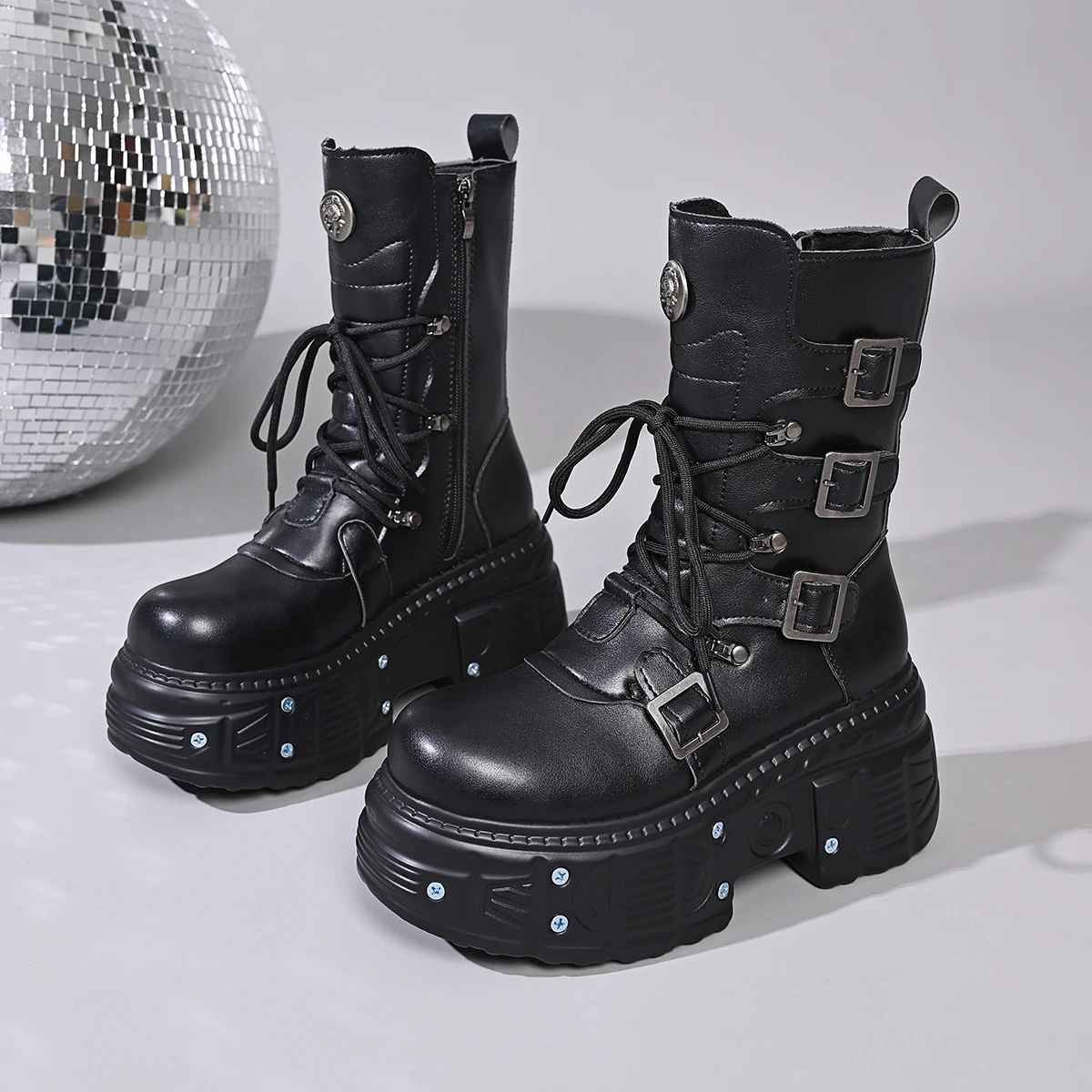 Heavy metal platform Booties dark punk heightened lace-up high boots Female zip rock biker Thick Bottom Shoes Street Shot Knight
