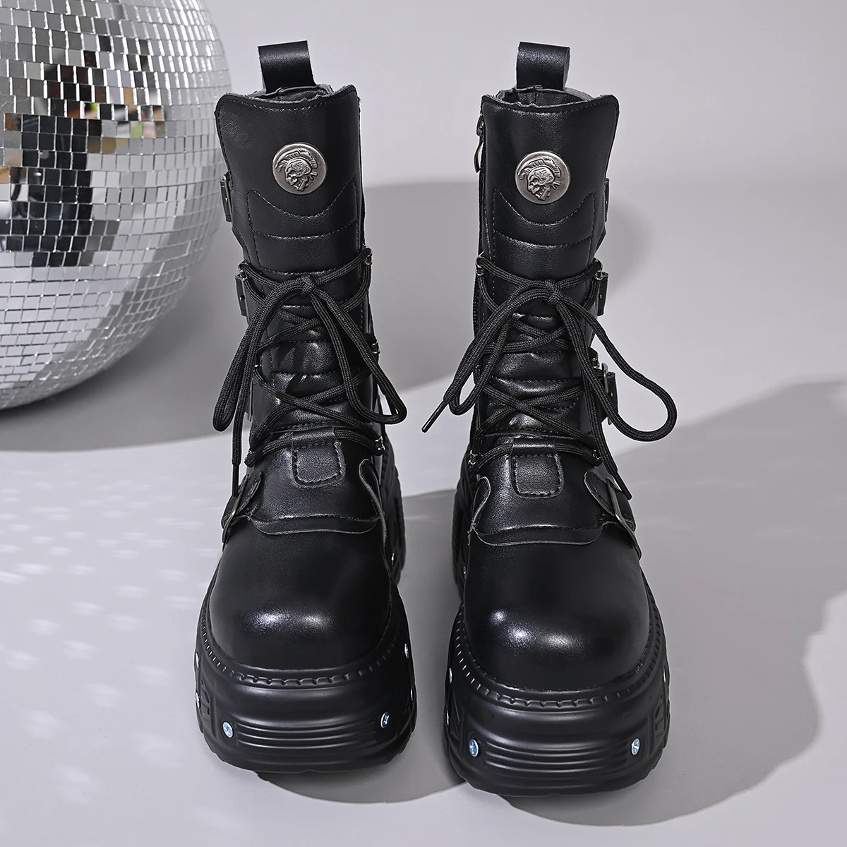 Heavy metal platform Booties dark punk heightened lace-up high boots Female zip rock biker Thick Bottom Shoes Street Shot Knight