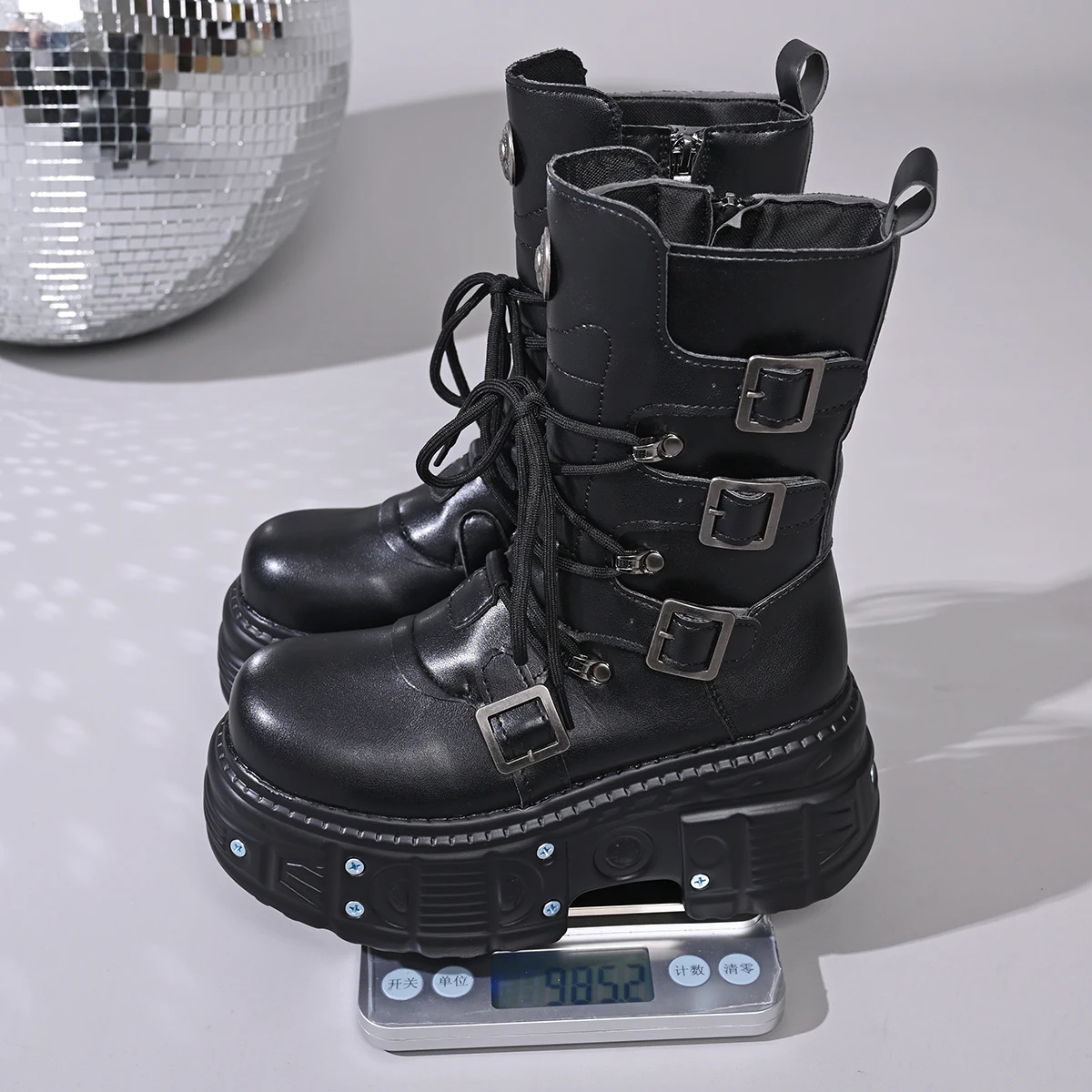 Heavy metal platform Booties dark punk heightened lace-up high boots Female zip rock biker Thick Bottom Shoes Street Shot Knight