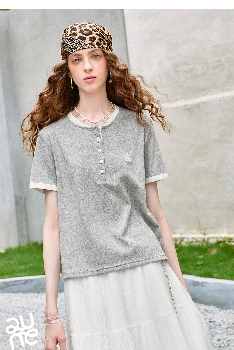 TOYOUTH Women T-shirts 2026 Summer New Vintage Button Neck Floral Embroidered Contrast Color Trim Unique Short Sleeve