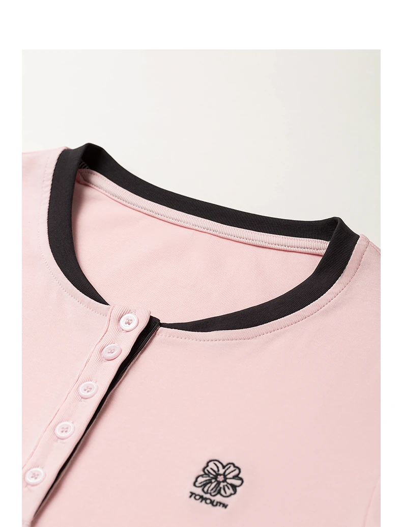TOYOUTH Women T-shirts 2026 Summer New Vintage Button Neck Floral Embroidered Contrast Color Trim Unique Short Sleeve