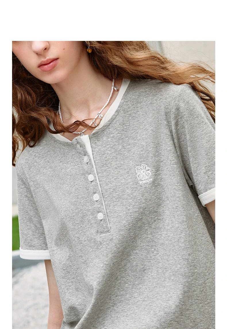 TOYOUTH Women T-shirts 2026 Summer New Vintage Button Neck Floral Embroidered Contrast Color Trim Unique Short Sleeve
