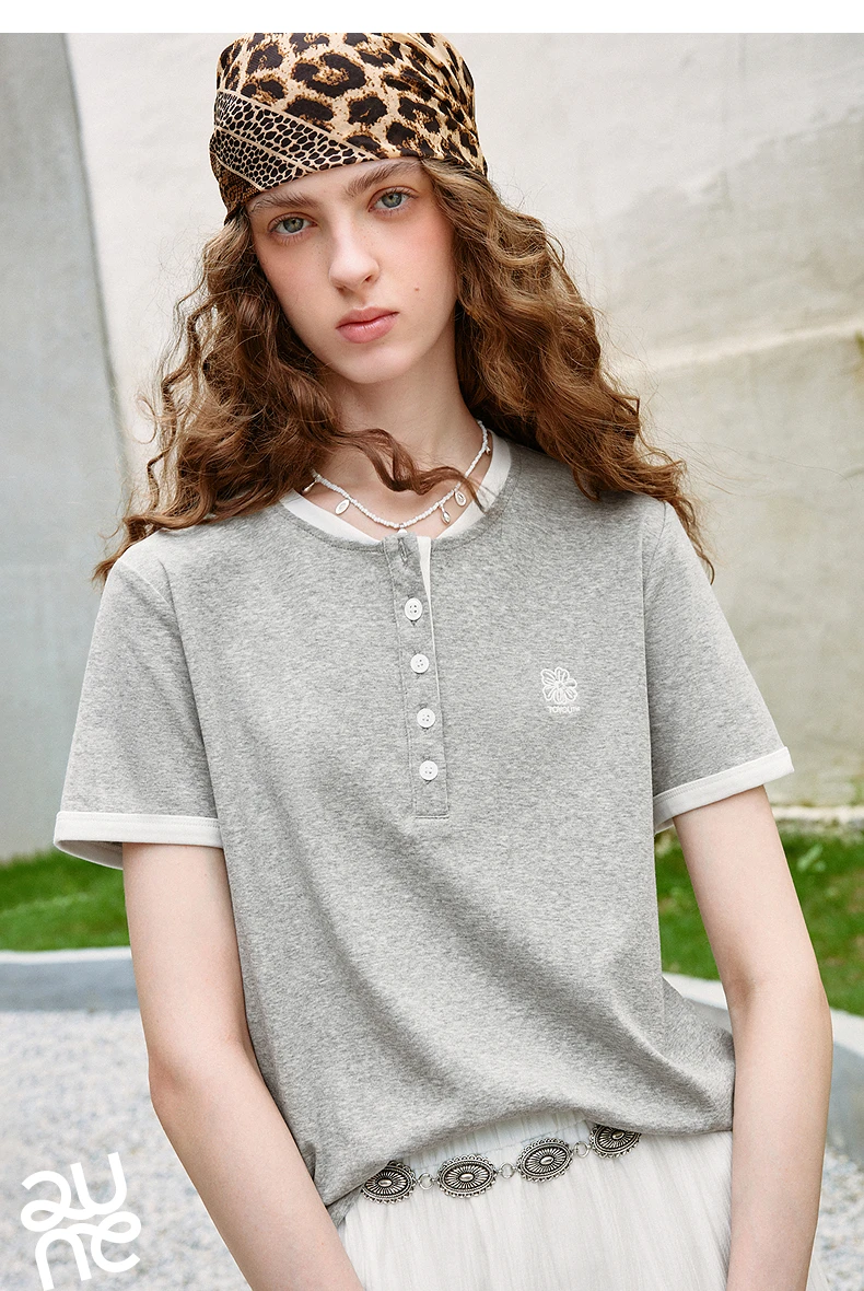 TOYOUTH Women T-shirts 2026 Summer New Vintage Button Neck Floral Embroidered Contrast Color Trim Unique Short Sleeve