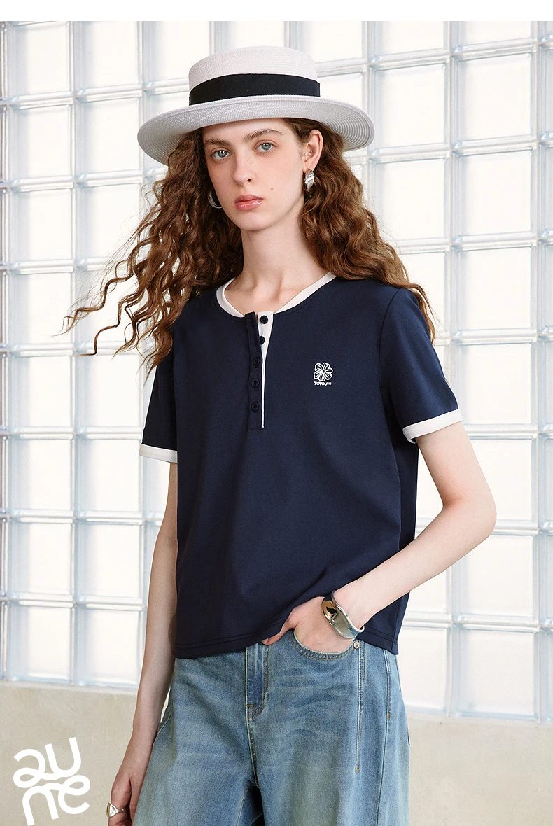 TOYOUTH Women T-shirts 2026 Summer New Vintage Button Neck Floral Embroidered Contrast Color Trim Unique Short Sleeve