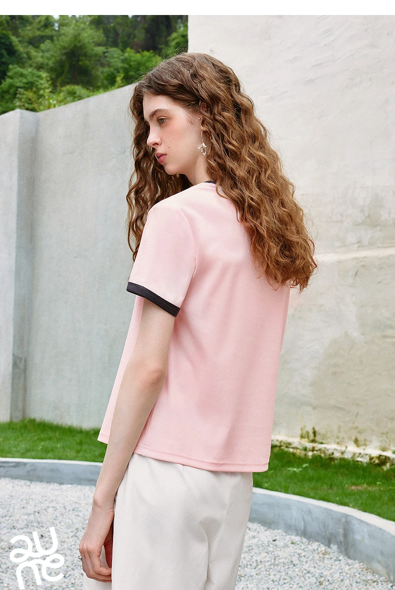 TOYOUTH Women T-shirts 2026 Summer New Vintage Button Neck Floral Embroidered Contrast Color Trim Unique Short Sleeve