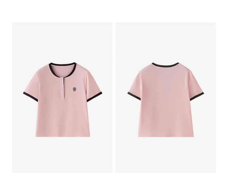 TOYOUTH Women T-shirts 2026 Summer New Vintage Button Neck Floral Embroidered Contrast Color Trim Unique Short Sleeve