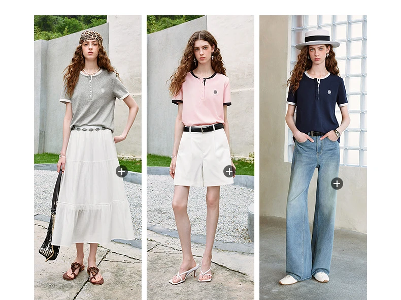 TOYOUTH Women T-shirts 2026 Summer New Vintage Button Neck Floral Embroidered Contrast Color Trim Unique Short Sleeve
