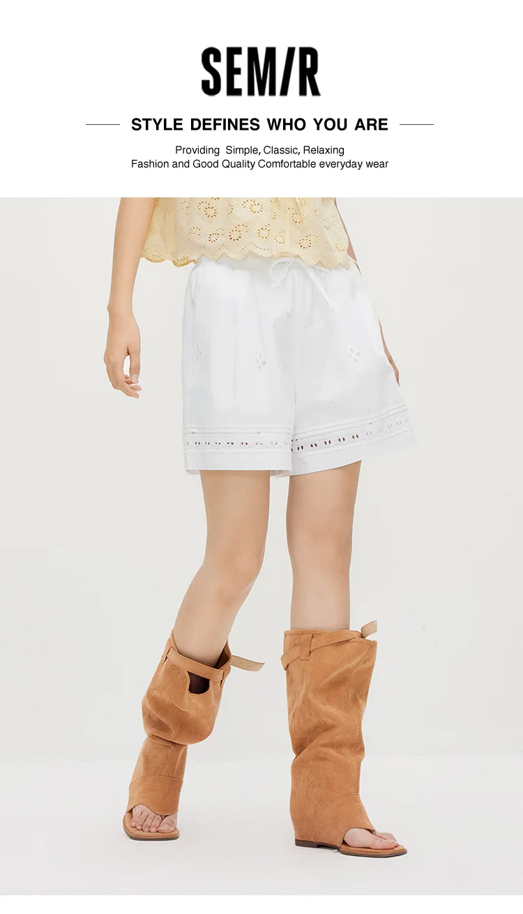 Semir Women Pants Casual Hollow Embroidered White Loose Minimalist Gentle 2026 Summer Fashion Daily Casual Top