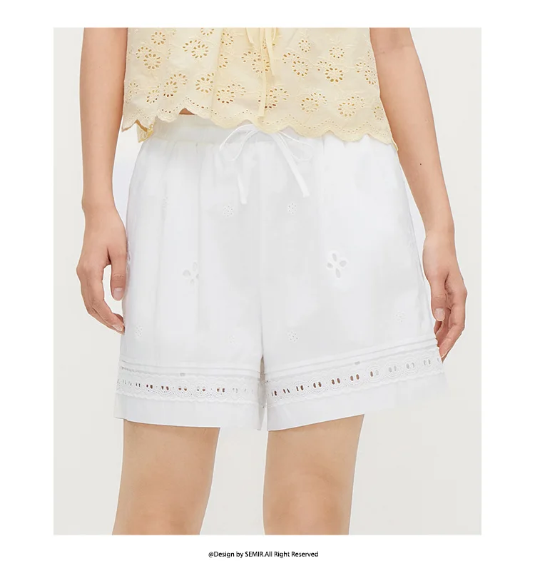 Semir Women Pants Casual Hollow Embroidered White Loose Minimalist Gentle 2026 Summer Fashion Daily Casual Top