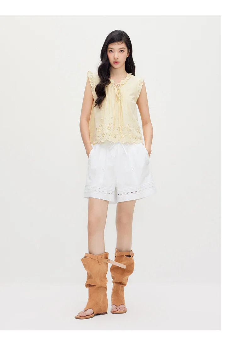 Semir Women Pants Casual Hollow Embroidered White Loose Minimalist Gentle 2026 Summer Fashion Daily Casual Top