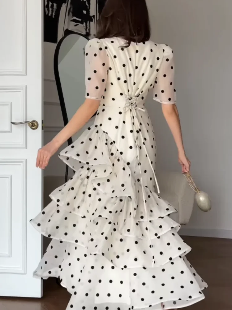 Women Elegant White Polka Dot Maxi Dress V Neck Puff Sleeve Tiered Ruffle A Line Flowy Skirt Summer Daily Date Holiday Outfit