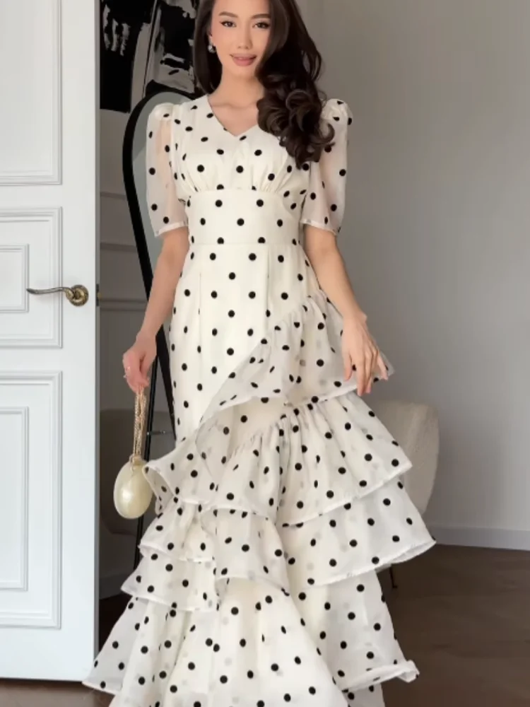 Women Elegant White Polka Dot Maxi Dress V Neck Puff Sleeve Tiered Ruffle A Line Flowy Skirt Summer Daily Date Holiday Outfit