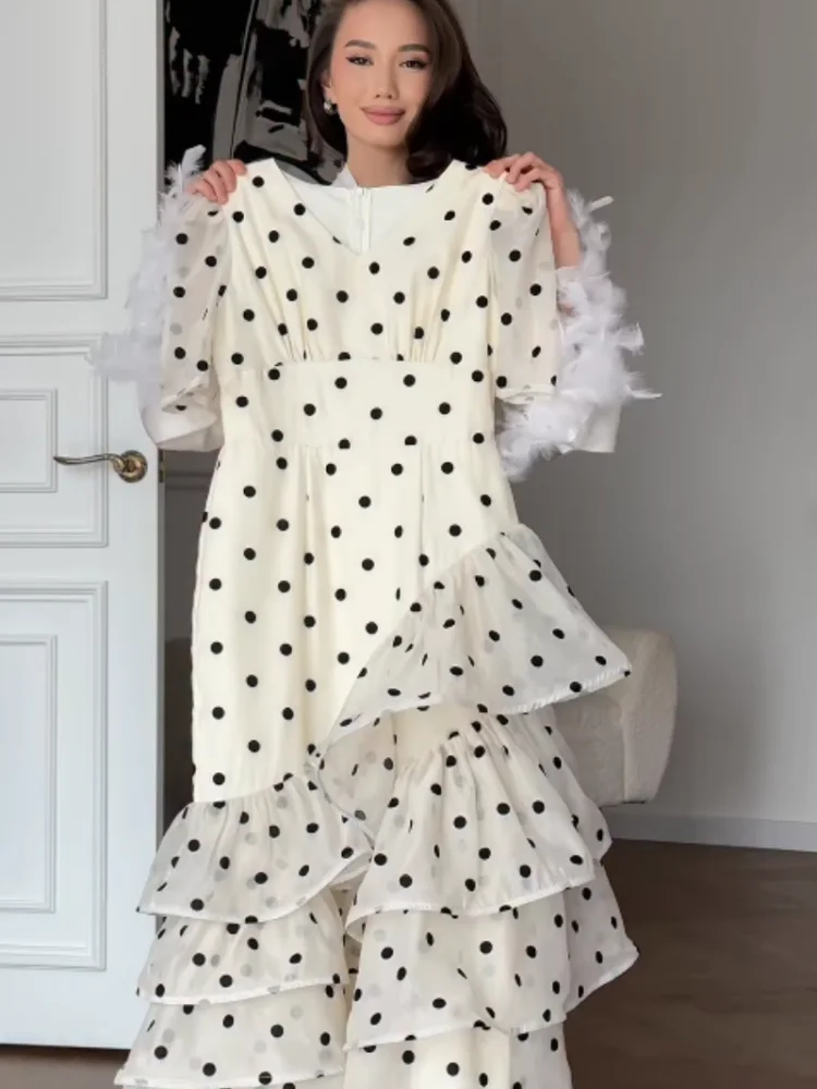 Women Elegant White Polka Dot Maxi Dress V Neck Puff Sleeve Tiered Ruffle A Line Flowy Skirt Summer Daily Date Holiday Outfit