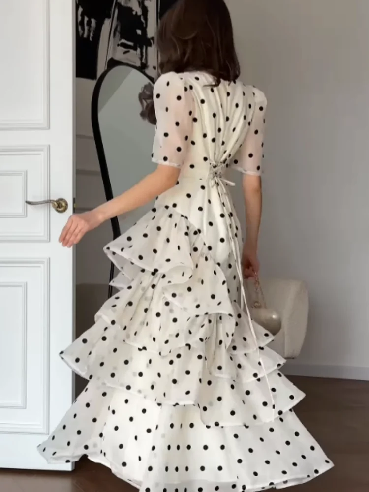 Women Elegant White Polka Dot Maxi Dress V Neck Puff Sleeve Tiered Ruffle A Line Flowy Skirt Summer Daily Date Holiday Outfit