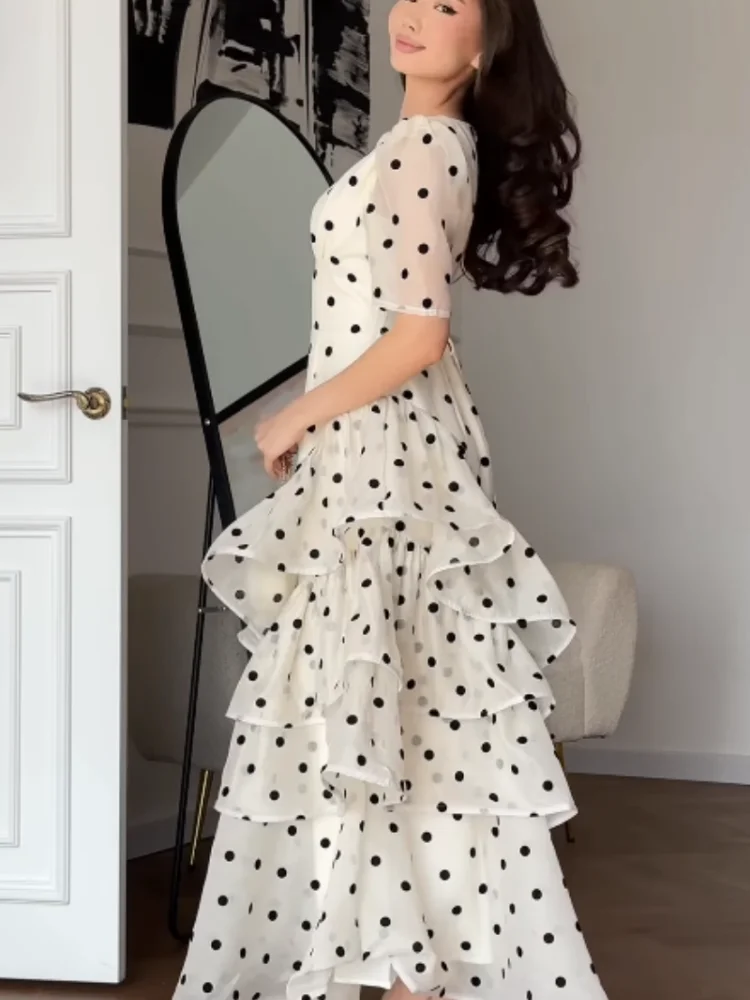 Women Elegant White Polka Dot Maxi Dress V Neck Puff Sleeve Tiered Ruffle A Line Flowy Skirt Summer Daily Date Holiday Outfit