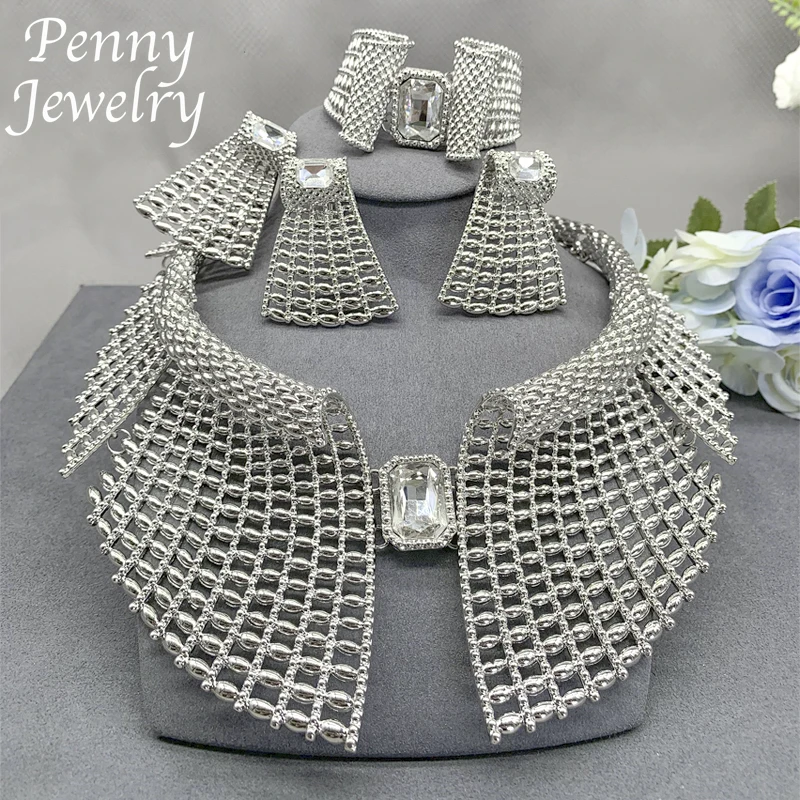 Original Rhinestones Jewelry Set for Women Collar Exaggerated Zirconia Necklace Earring Bracelet Ring Wedding Party Gifts
