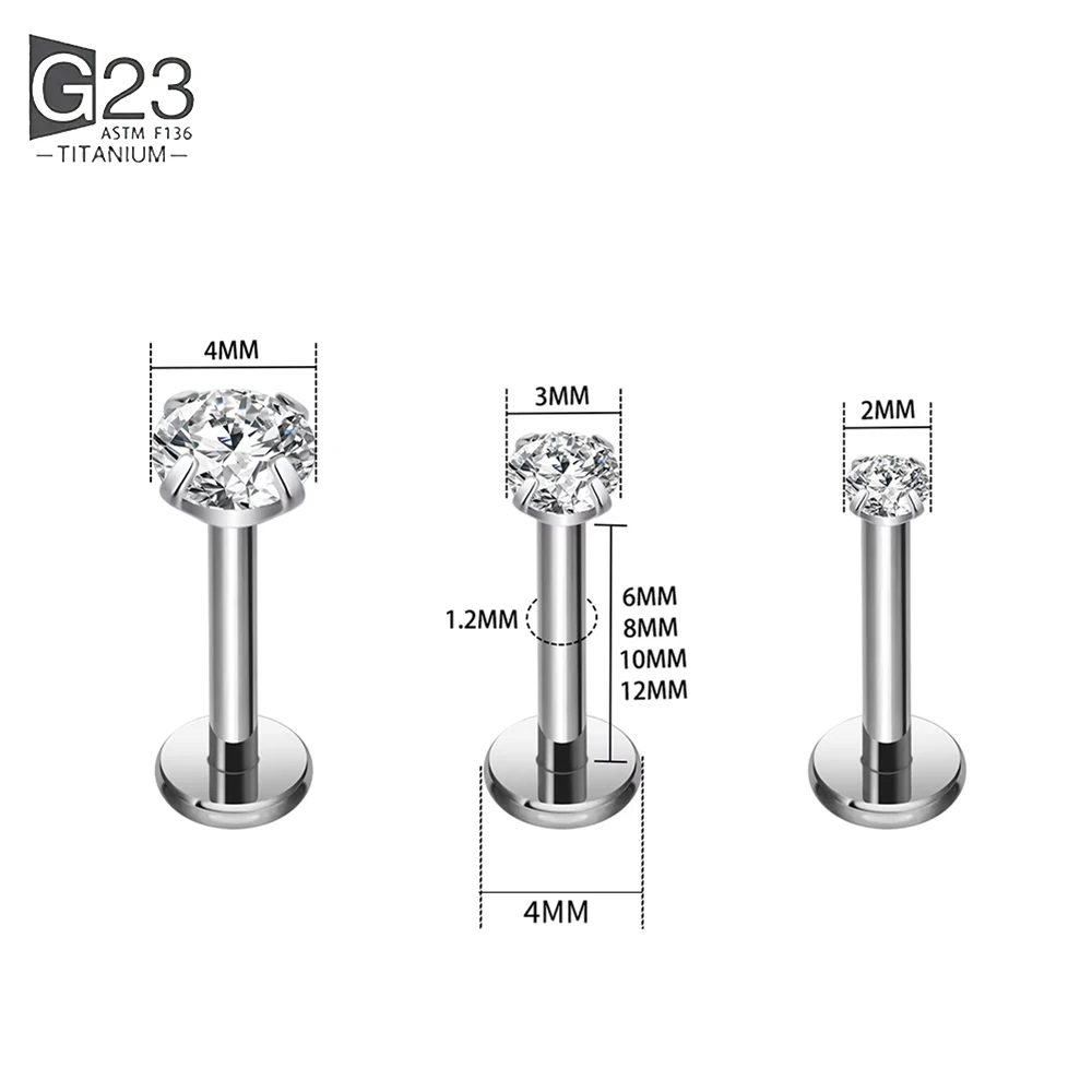 50/100Pcs ASTM F136 Titanium Labret Piercing 16G Flatback CZ Ear Lip Stud Cartilage Tragus Earring Tongue Stud Body Jewelry