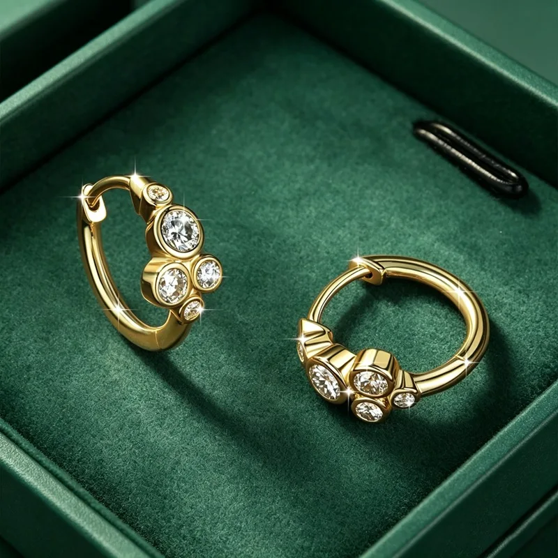 Lnngy Bezel Set Round Moissanite Hoop Earrings For Women 14K Gold Filled Five Stones Circel Earring Trend Jewelry Gift