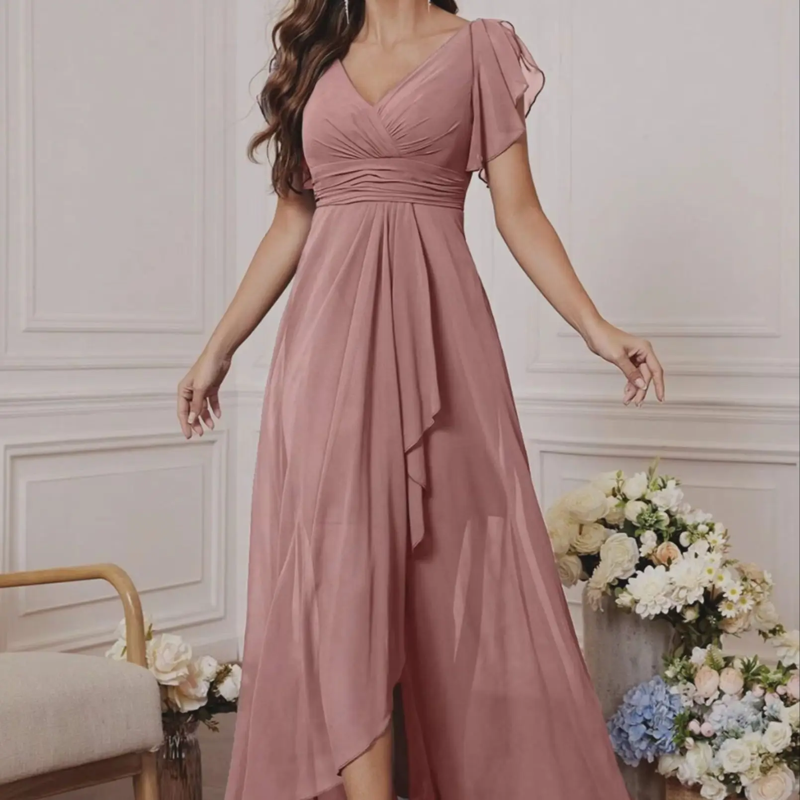 Chiffon Dress with V-Neck, Lotus Leaf Sleeves, High Waist, Pleated, Flowing Skirt, Bridesmaid Dress, French-Style Long Evening Gown