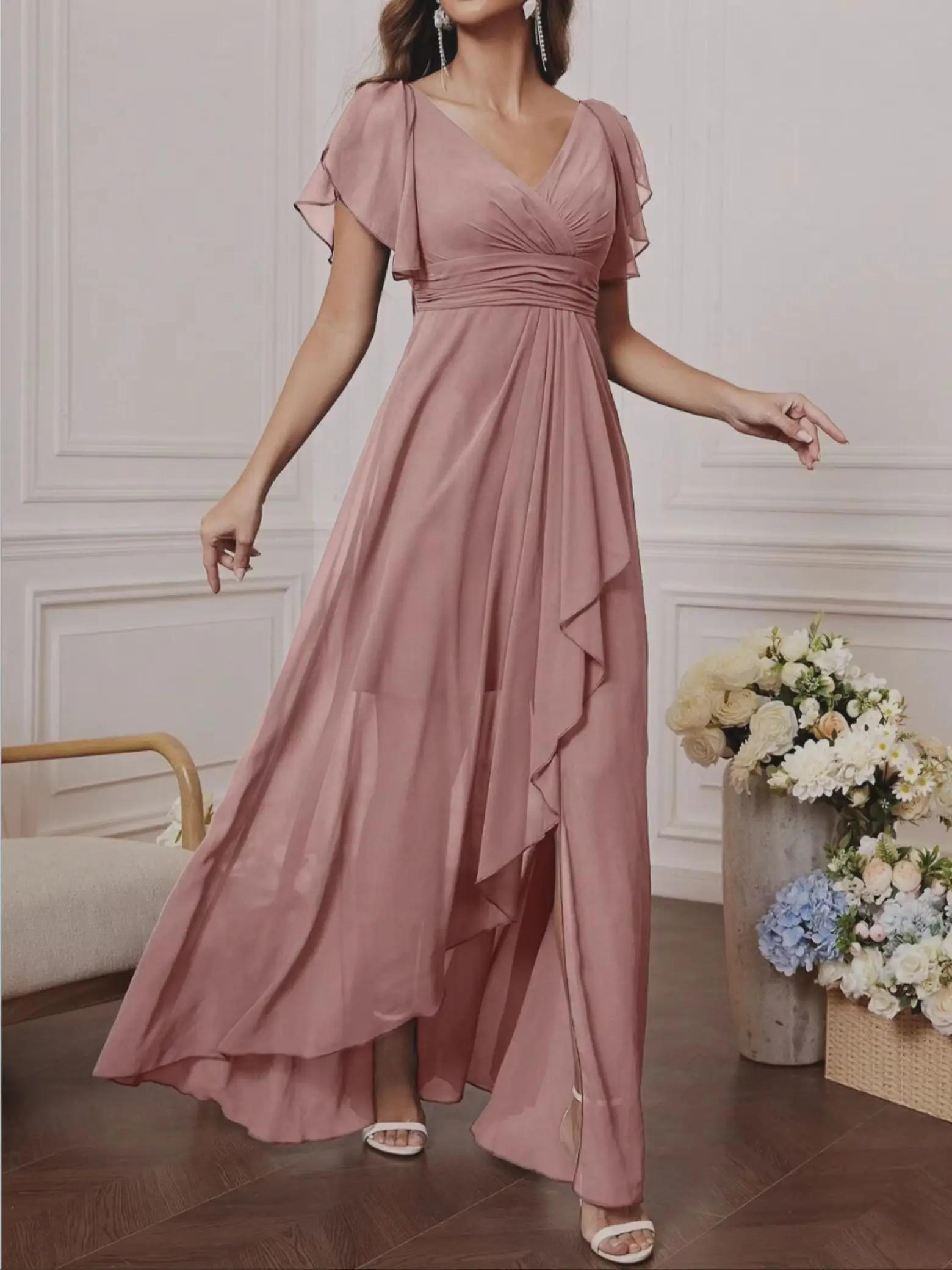 Chiffon Dress with V-Neck, Lotus Leaf Sleeves, High Waist, Pleated, Flowing Skirt, Bridesmaid Dress, French-Style Long Evening Gown