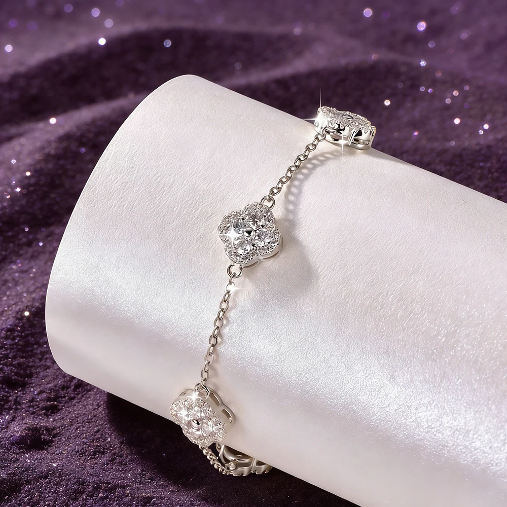 3 In 1 Clover Flower Moissanite Jewelry Sets 14k Gold Filled GRA Certified Necklace Earrings Bracelet Sets for Women Lucky Charm