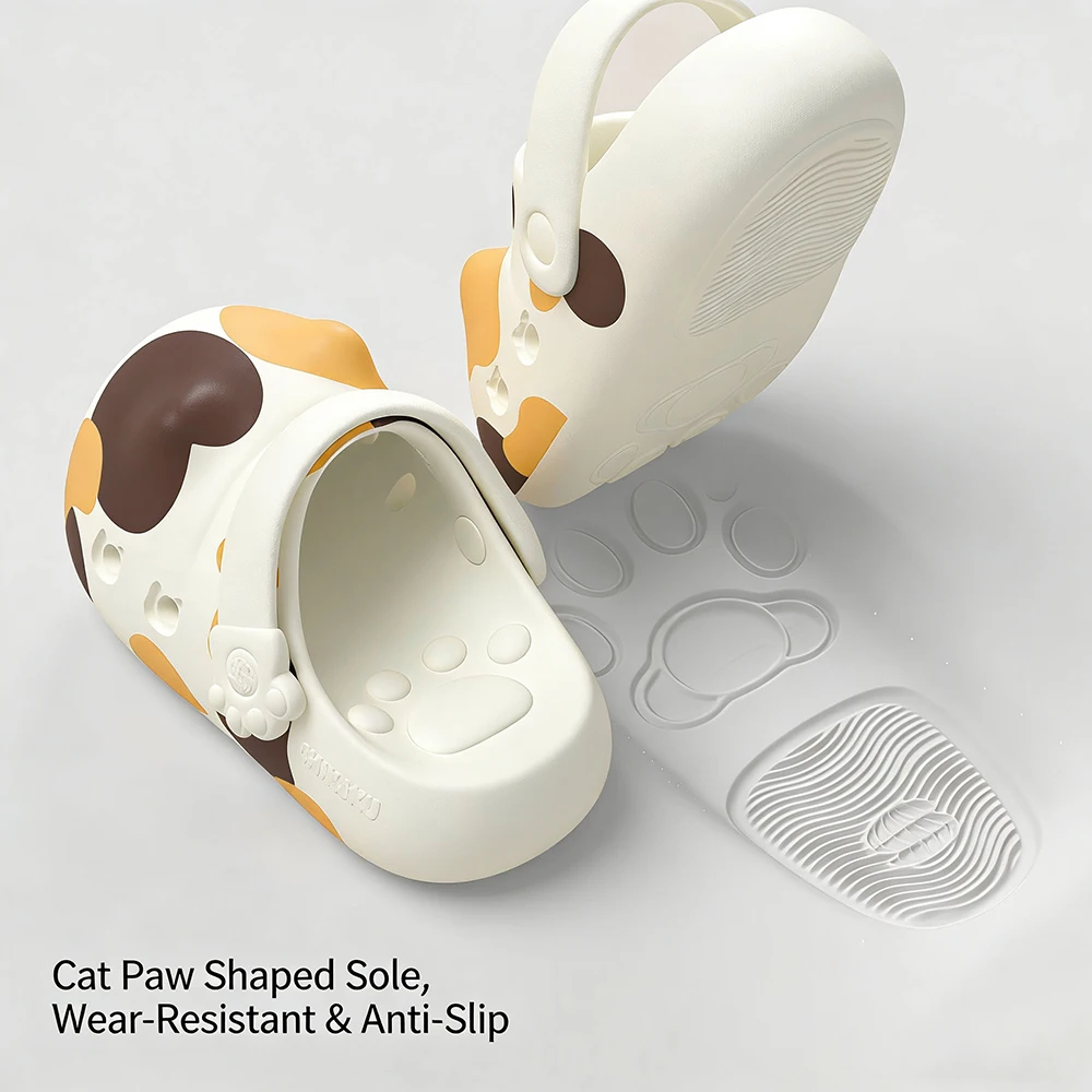 Unisex Size 36-45 Cute Calico Cat Paw Clogs for Women Men Platform Kitten Shoes with Paw Print Bottom Non-slip Eva Beach Slipper